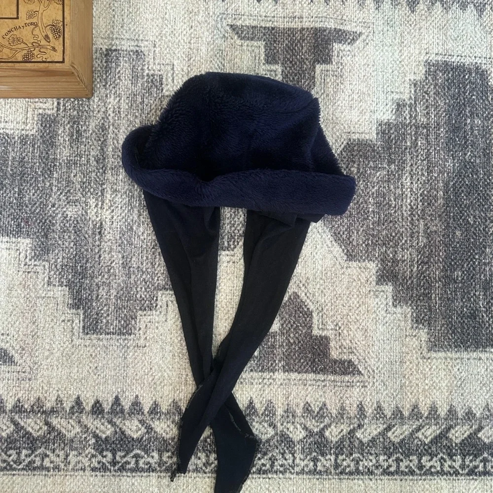 Vintage Women’s Navy Plush Winter Bucket Hat with Ear Protection Scarf Like Ties